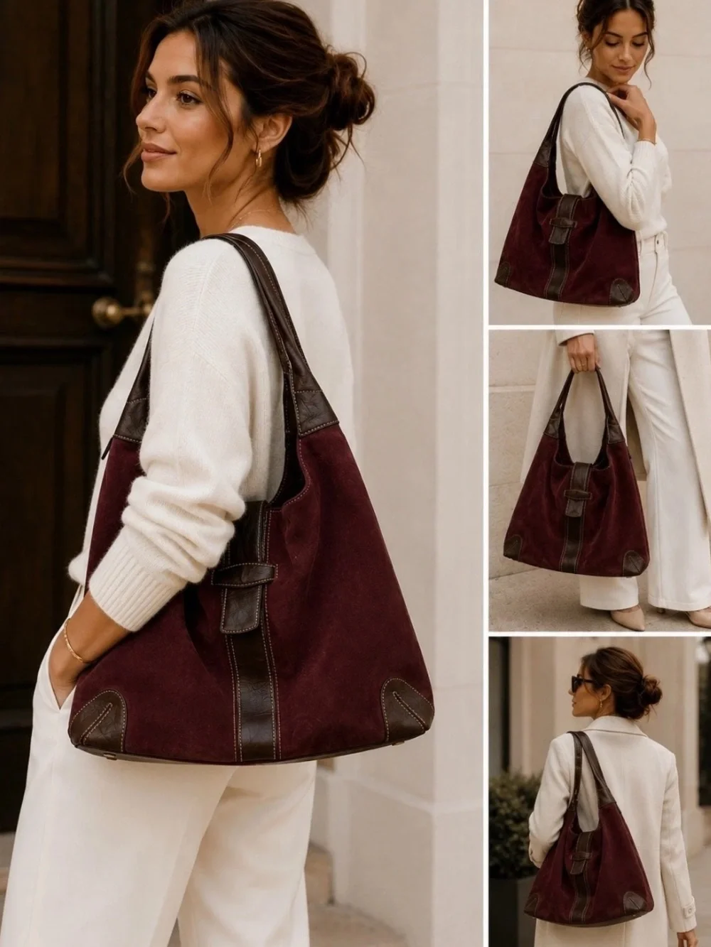 Levenger suede leather hobo tote bag purse burgundy purple classic minimalist